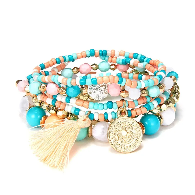 Women Fashion Beads Bracelets Multilayer Seed Bead Coin Charm Tassel Bracelet Set Female Wristband Jewelry Party Gift 6pcs/set