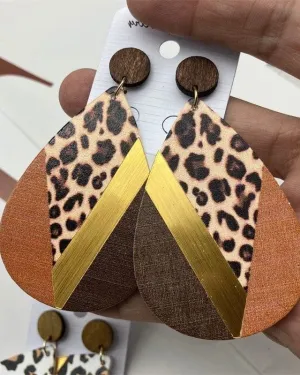 Womens Teardrop Brown Leopard Wood Post Earring